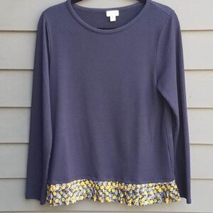 J Crew Navy Long Sleeve Tee with Pleated Floral Ruffle Size Medium
